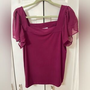 Womens Calvin Klein square neck stretch top w/ chiffon flutter sleeve Size Large